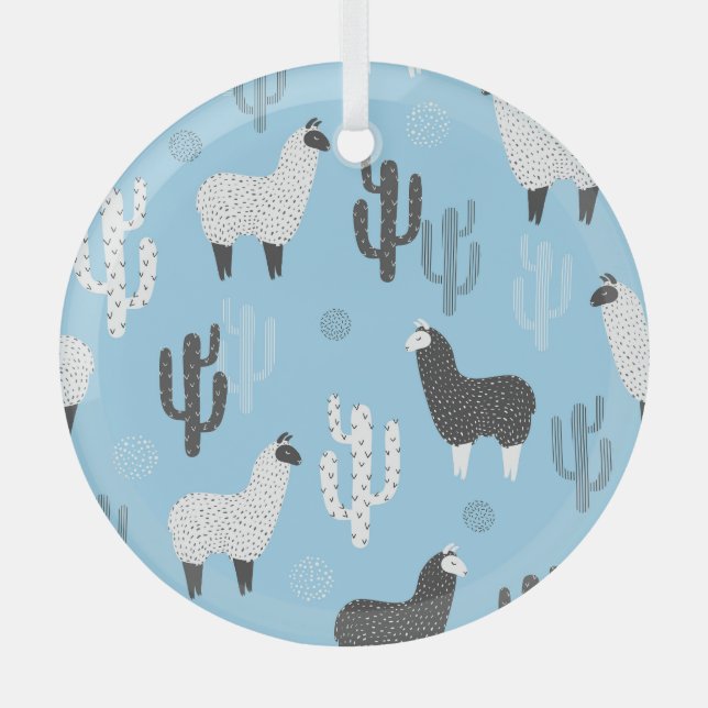 Llama and cactus, cute pattern. glass ornament (Front)