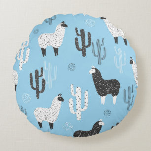 Llama and cactus, cute pattern. round pillow