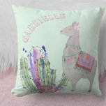 Llama and Cactus Hearts - Pastel Mint Personalized Throw Pillow<br><div class="desc">Adorable pillow for your little girl's bedroom or baby nursery and the template is set up ready for you to add your little one's name. This design has a cute watercolor illustration of a soft grey llama, complete with tassels and saddle mat, cactus plants and heart-shaped cacti. The colour palette...</div>