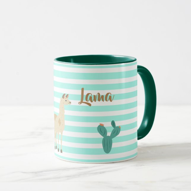 Llama and cactus on green and white stripes mug (Front Right)