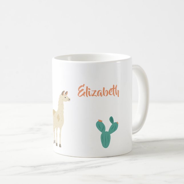 Llama and cactus on white add a name coffee mug (Front Right)