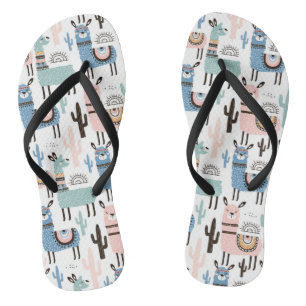 Llama and Cactus Pattern in Blue, Green & Pink Flip Flops