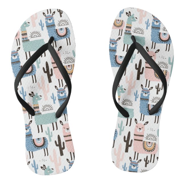 Llama and Cactus Pattern in Blue, Green & Pink Flip Flops (Footbed)