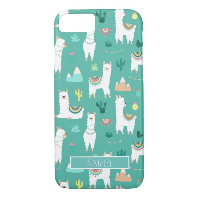 Llama and Cactus Patterned in Green Monogram Case-Mate iPhone Case (Back)