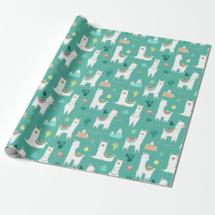 Llama and Cactus Patterned in Green Wrapping Paper
