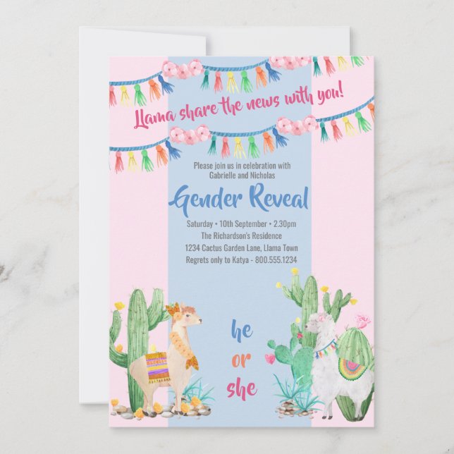 Llama and Cactus Pink and Blue Gender Reveal Invitation (Front)