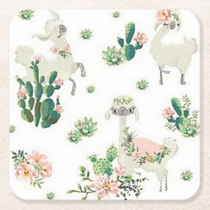 Llama and Cactus Square Paper Coasters
