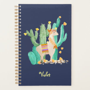 Llama and Cactus Watercolor Blue Personalized Planner