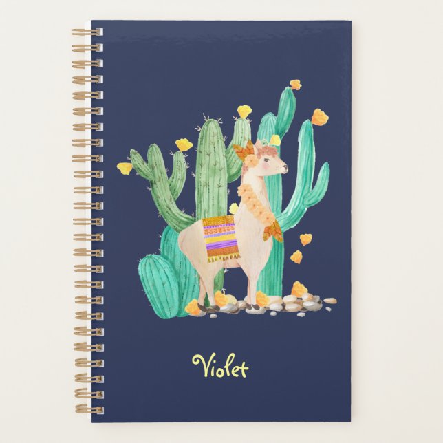 Llama and Cactus Watercolor Blue Personalized Planner (Front)