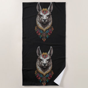 Llama And Flower Portrait, Beach Towel
