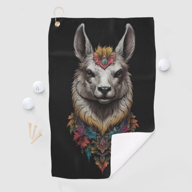 Llama And Flower Portrait,  Golf Towel (InSitu)