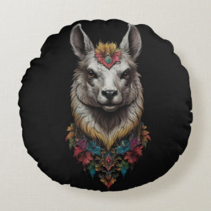 Llama And Flower Portrait, Round Pillow