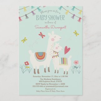 Llama and Mama Baby Shower Invitation Mint