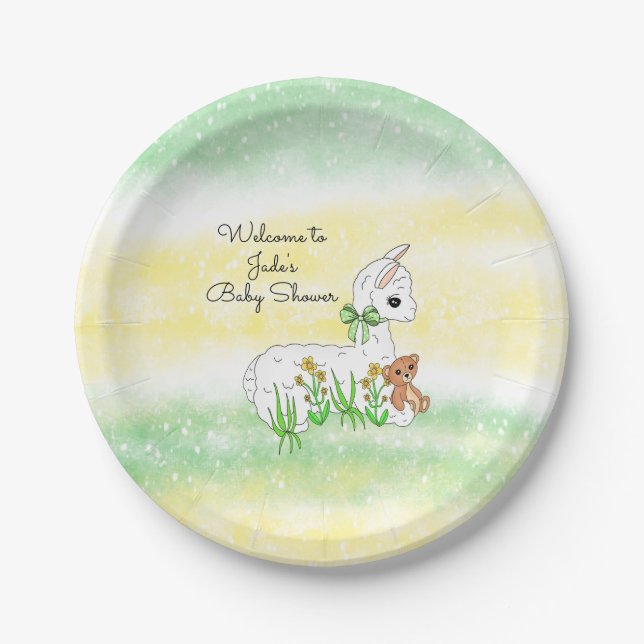 Llama and Teddy Bear Themed Baby Shower Paper Plate (Front)