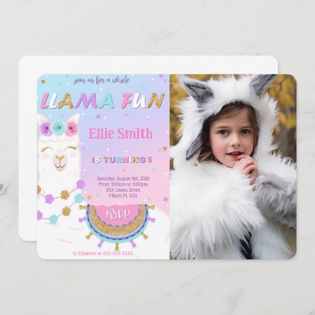 Llama Anniversaire Photo Invitation (Devant / Derrière)