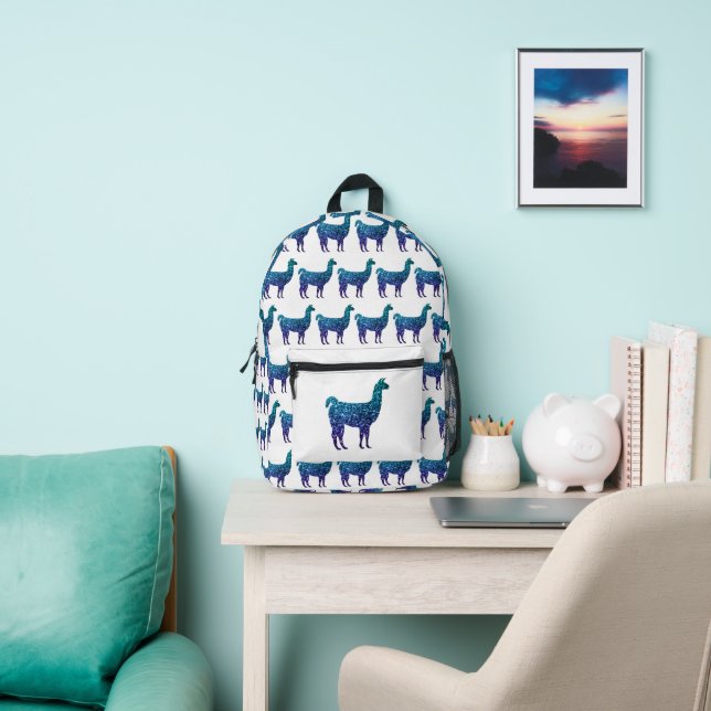 Llama aqua blue ombre sparkles pattern white printed backpack (Insitu)