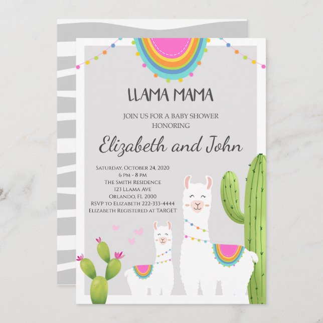 Llama Avec Baby shower Cactus Invitation (Devant / Derrière)