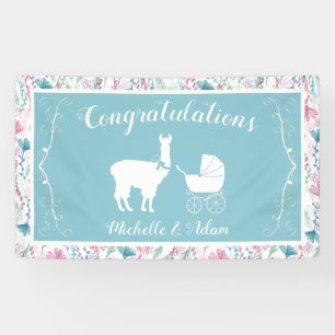 Llama Baby Shower Cute Blue Boy Banner