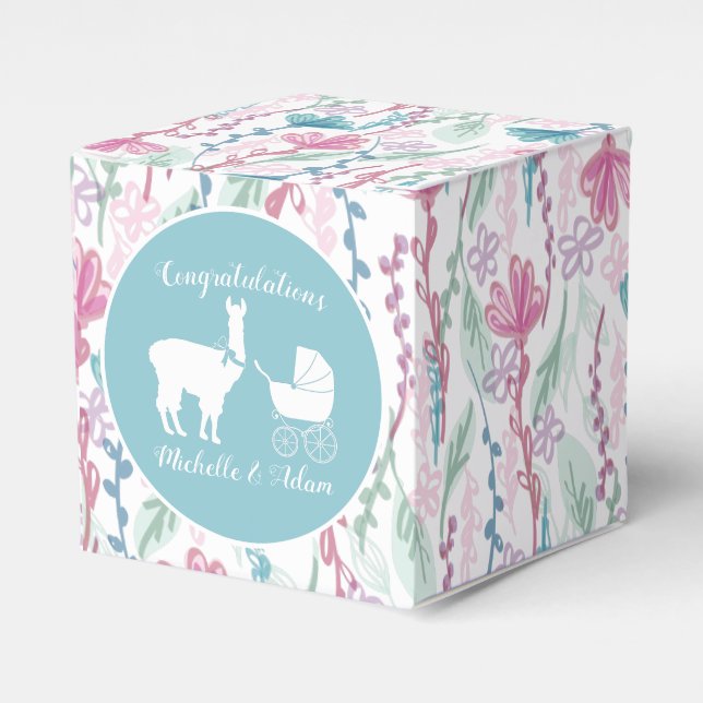 Llama Baby Shower Cute Blue Boy Favor Box (Front Side)