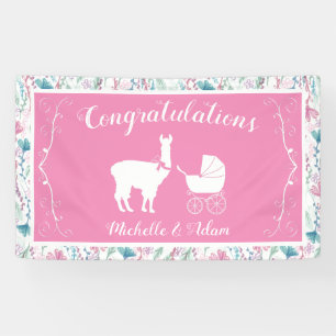 Llama Baby Shower Cute Pink Girl Banner