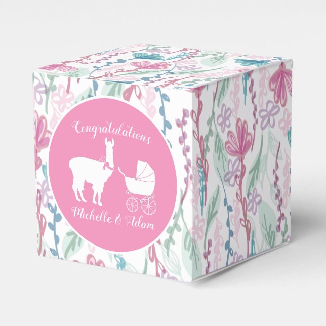 Llama Baby Shower Pink Girl Favor Box (Front Side)