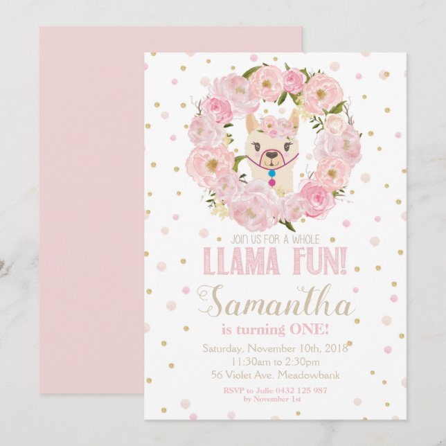Llama Birthday Invitation Blush Floral Girl (Front/Back)