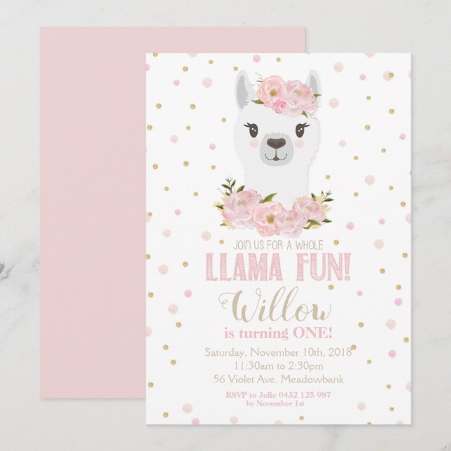 Llama Birthday Invitation Blush Floral Girl (Front/Back)