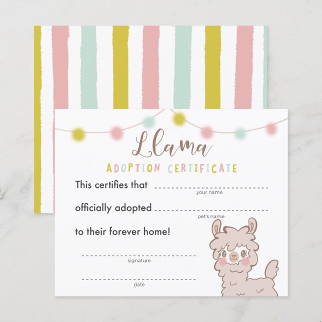Llama Birthday Party Adoption Certificate (Front/Back)