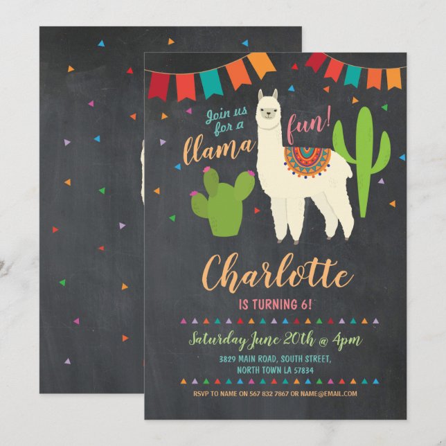 Llama Birthday Party Cactus Girl's Fun Invite (Front/Back)