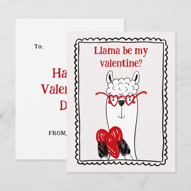 Llama By My Valentine Funny Kids Valentine's Day Card (Front/Back)