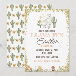 Llama Cactus Birthday Gold Glitter Invitation