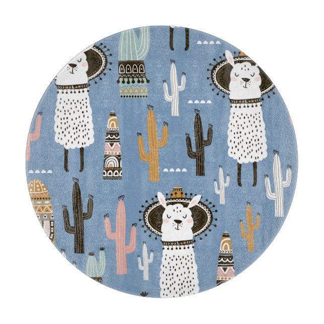 Llama, Cactus, Hand-Drawn Elements Pattern. Cutting Board (Front)