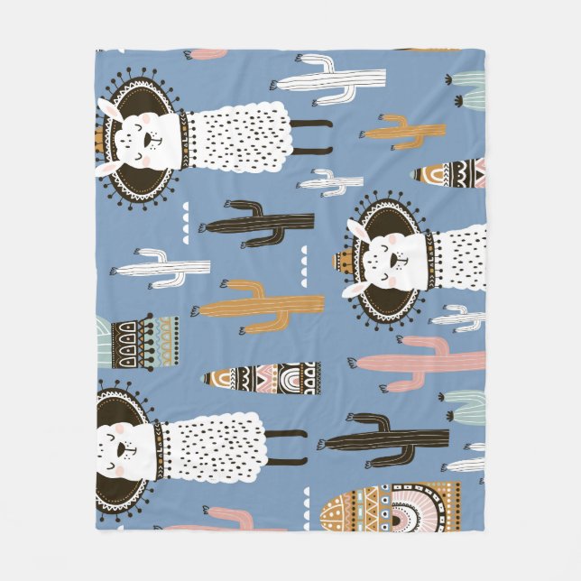 Llama, Cactus, Hand-Drawn Elements Pattern. Fleece Blanket (Front)