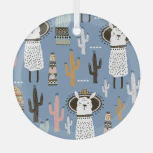 Llama, Cactus, Hand-Drawn Elements Pattern. Glass Ornament