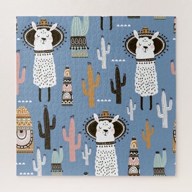 Llama, Cactus, Hand-Drawn Elements Pattern. Jigsaw Puzzle (Vertical)