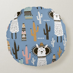 Llama, Cactus, Hand-Drawn Elements Pattern. Round Pillow