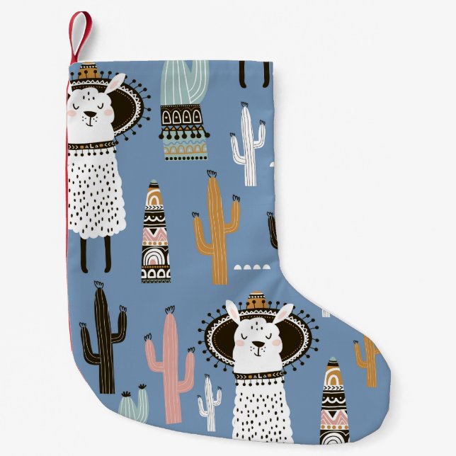 Llama, Cactus, Hand-Drawn Elements Pattern. Small Christmas Stocking (Front)