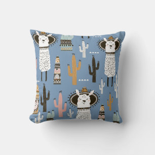 Llama, Cactus, Hand-Drawn Elements Pattern. Throw Pillow