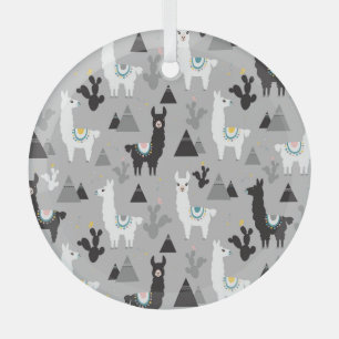 Llama cactus mountains, seamless pattern. glass ornament