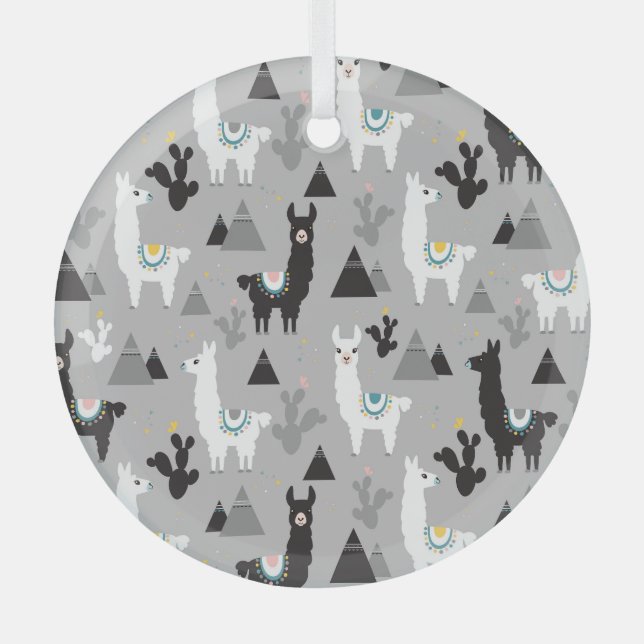 Llama cactus mountains, seamless pattern. glass ornament (Front)