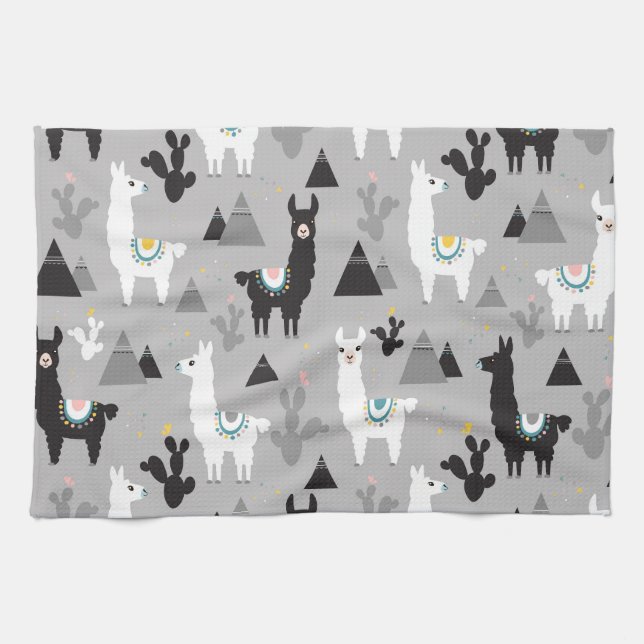 Llama cactus mountains, seamless pattern. kitchen towel (Horizontal)