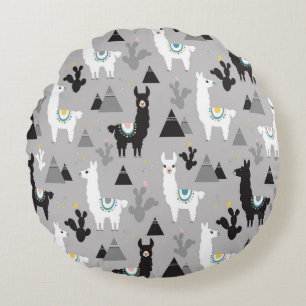 Llama cactus mountains, seamless pattern. round pillow