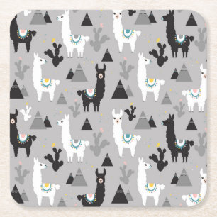 Llama cactus mountains, seamless pattern. square paper coaster