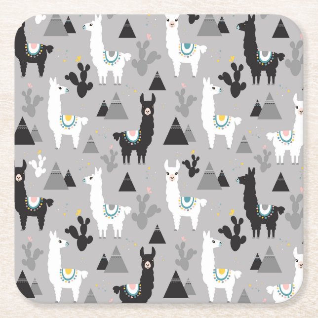 Llama cactus mountains, seamless pattern. square paper coaster (Front)