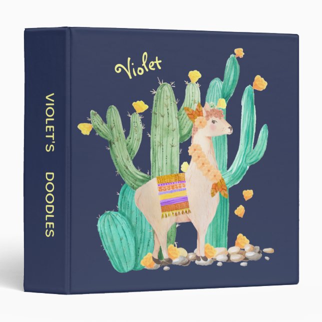 Llama & Cactus Watercolor Scene on Blue - Custom Binder (Front/Spine)