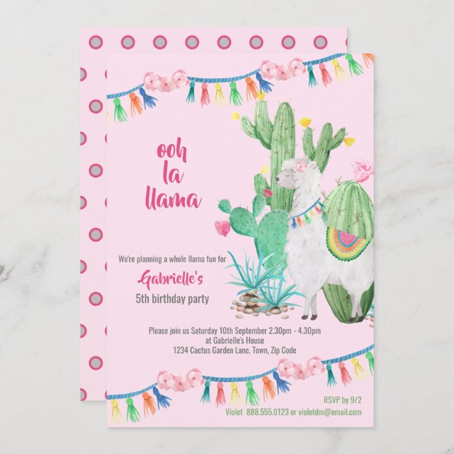 Llama Cactus Whole Llama Fun Girls Birthday Party Invitation (Front/Back)