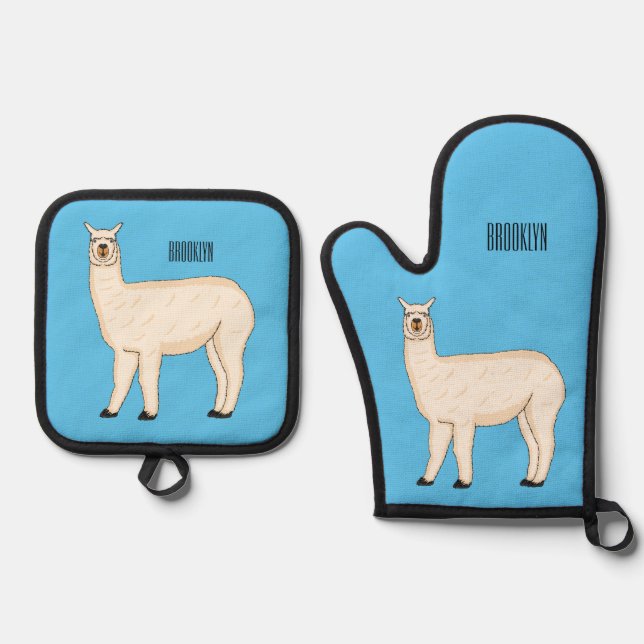 Llama cartoon illustration oven mitt & pot holder set (Front)