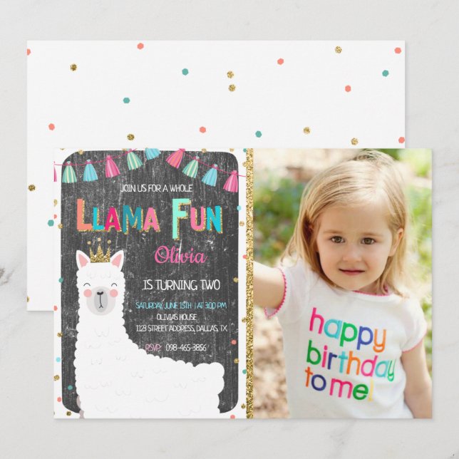 Llama Chalkboard Invitation Anniversaire Avec Phot (Devant / Derrière)