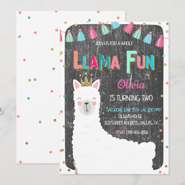 Llama Chalkboard Invitation d'anniversaire (Devant / Derrière)