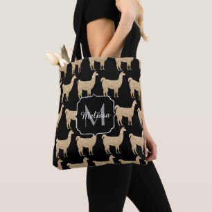 Llama Champagne Gold Sparkles pattern Monogram Tote Bag